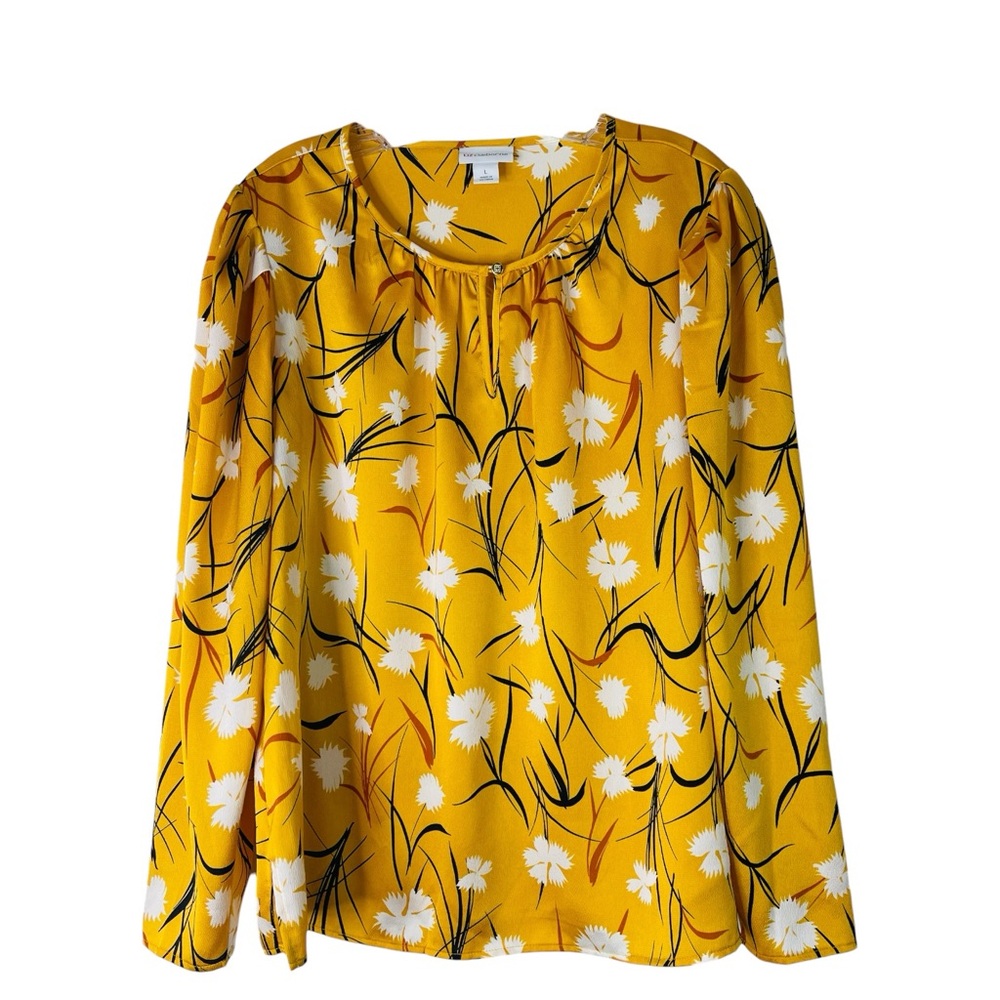 Liz Claiborne yellow white black floral popover office preppy top large